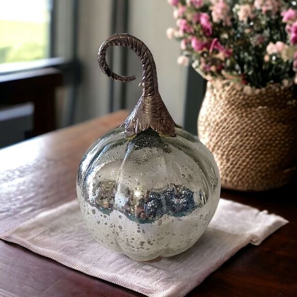 Mercury Glass Pumpkin Gourd Silvery Glass Encased Silver Metal Stem Autumn Fall. - Picture 13 of 16
